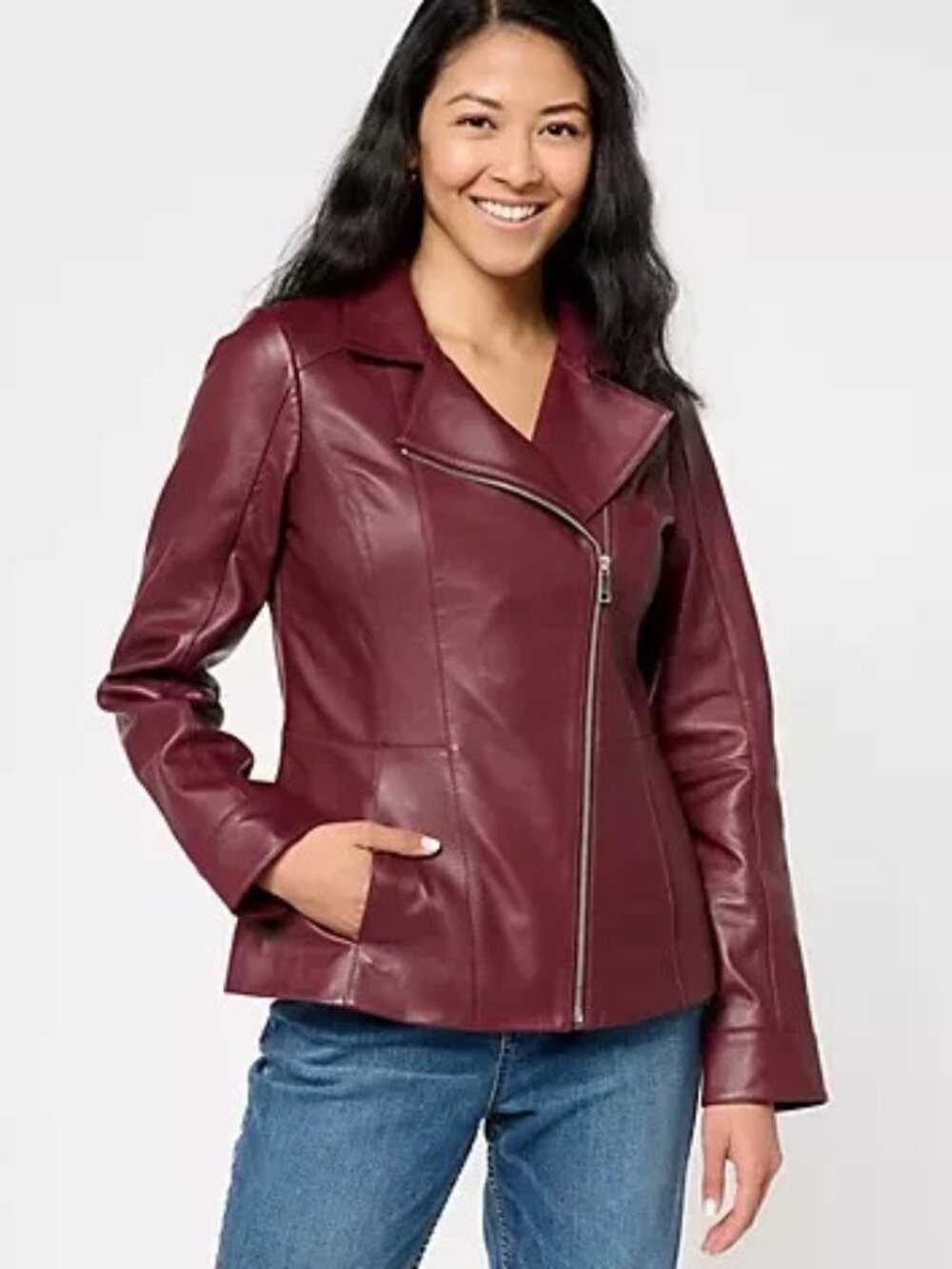 Denim & Co. Lamb Leather Moto Jacket with Pockets-Dark Burgundy-XS A612795
